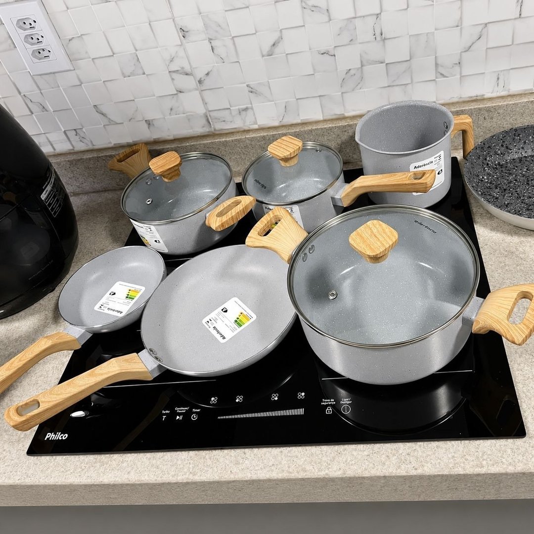 Conjunto De 6 Panelas Cerâmica Pratic Cook Indução Kit Antiaderente Soft Touch Mimo Style Cinza