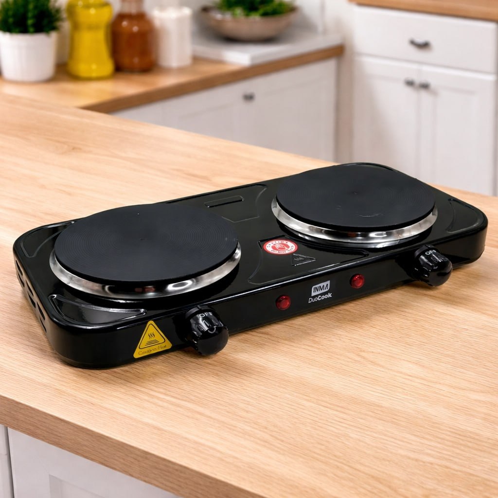 Fogão de Mesa Elétrico INMA de 2 Bocas para Camping e Viagem, em Inox