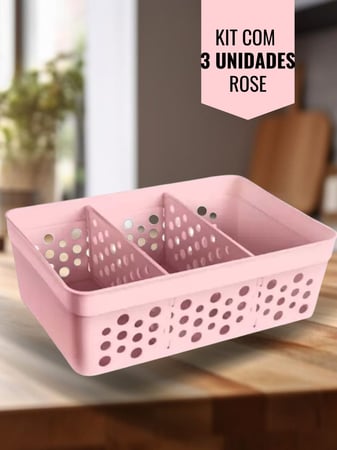 Kit 3 Cestos Organizador Com 2  Divisórias Removíveis Médio  Azul/ Branco/ Cinza/ Marrom/ ...