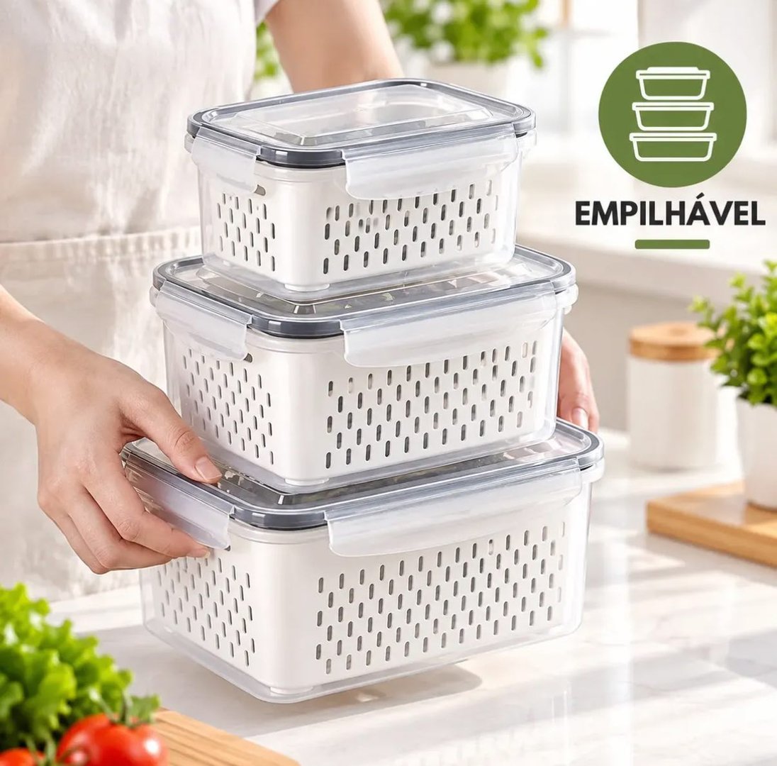 Kit 3 Organizadores Geladeira Alimentos Vegetais Com Tampas Branco