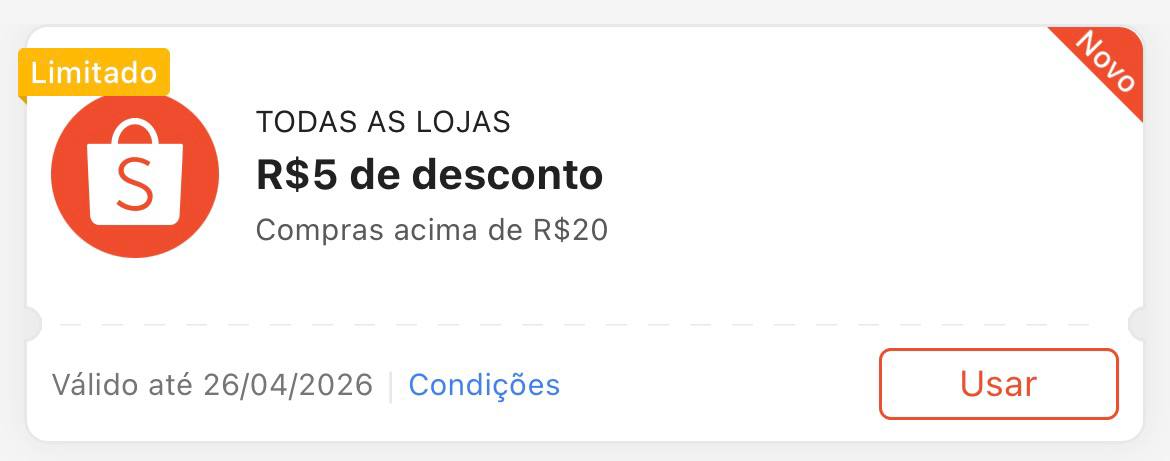 Cupom R$ 5 a partir de R$ 20 - Shopee