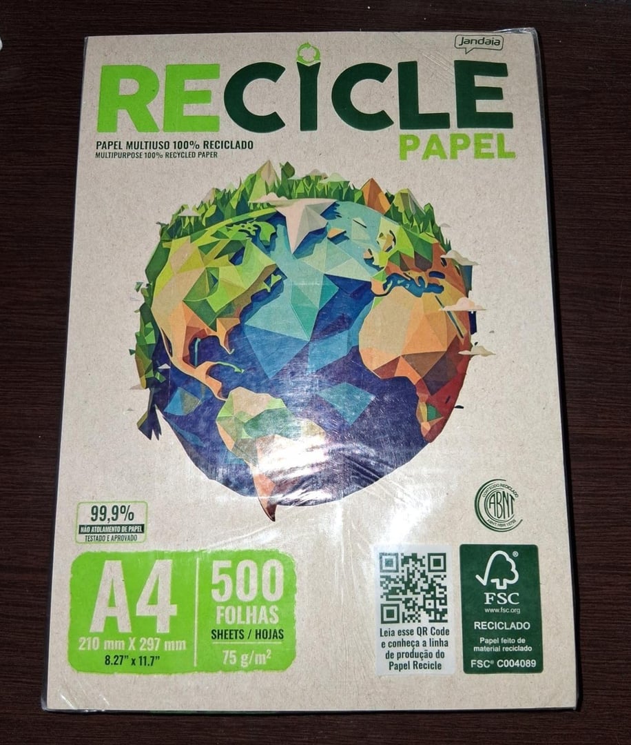Papel Recicle A4 Multiuso 75g com 500fls 100% Reciclado