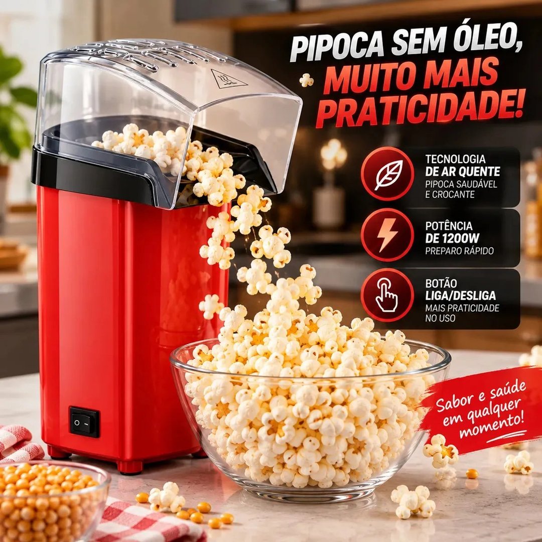 Pipoqueira Elétrica Vermelha Sem Óleo 1200W Compacta