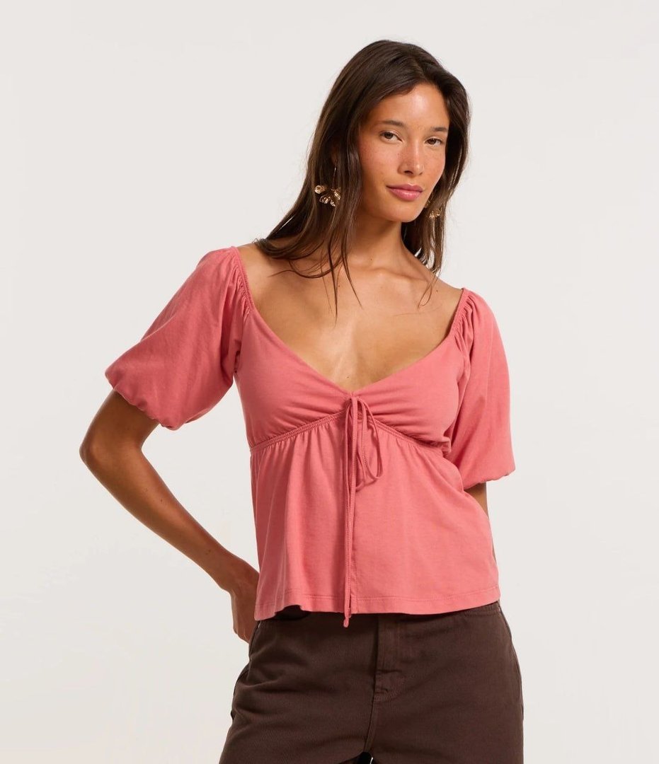 Blusa em Algodão com Mangas Bufantes e Amarração Frontal