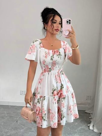 Elenzga Vestido Casual de Manga Curta Estampado com Flores, Babado na Barra, Faixa Feminin...