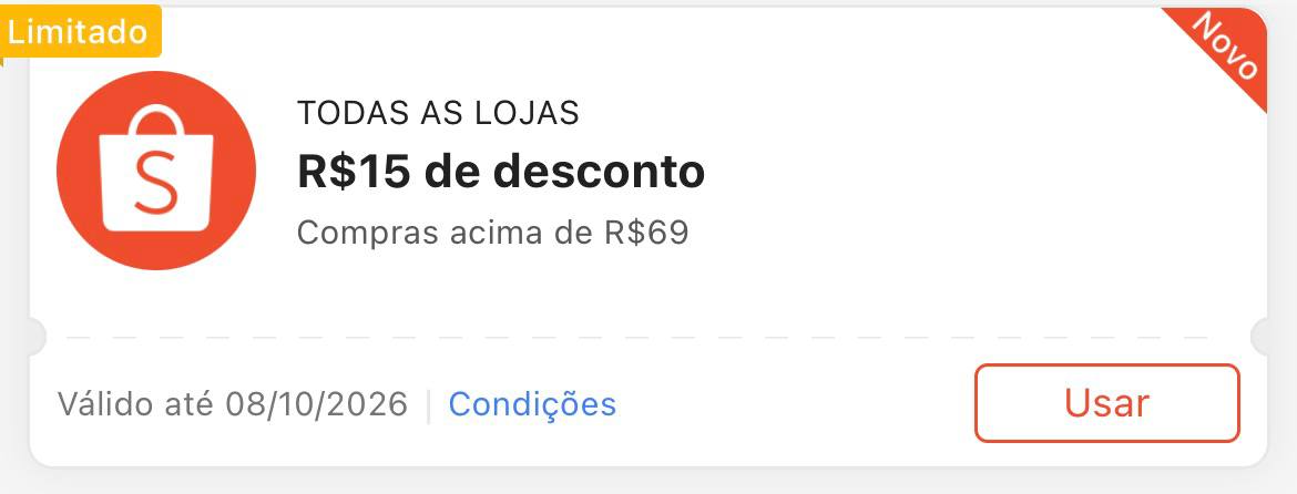 Cupom R$ 15 a partir de R$ 69 - Shopee