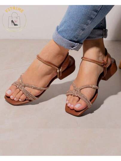 Sandália Feminina Strass Salto Baixo Casual tiras