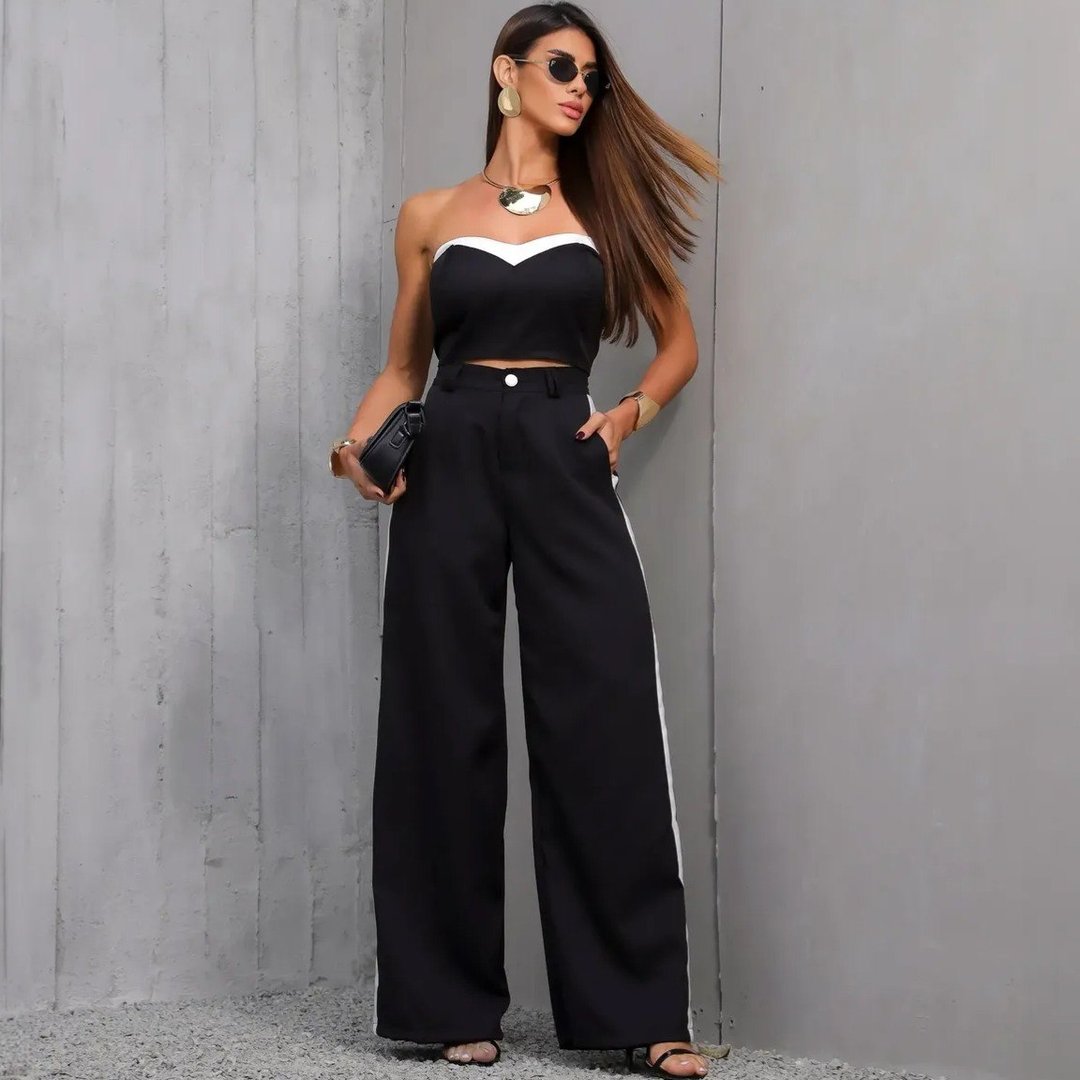 Conjunto Feminino Alfaiataria Elegante Bicolor Pantalona Tam. P/M/G - 9 cores