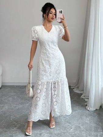 Elenzga Vestido Elegante e Gracioso de Ajuste Slim com Bordado em Tela Para Mulheres